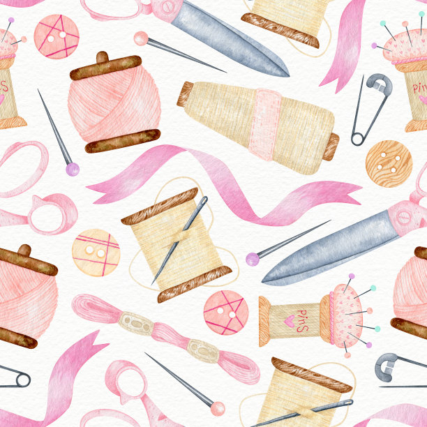 水彩无缝缝制模式，线轴，剪刀，缝纫机，纽扣。时装插图与服装制作对象设置，专业服装。适合纺织，包装纸，背景。图片下载