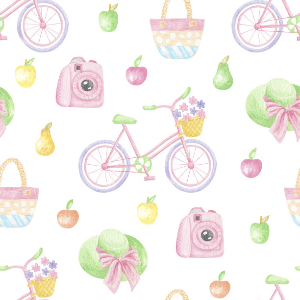 水彩夏日海滩对象无缝图案。夏季热带旅游插图。图片下载