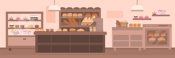 空荡荡的面包店内部，橱窗和摆满蛋糕和面包的货架。图片下载