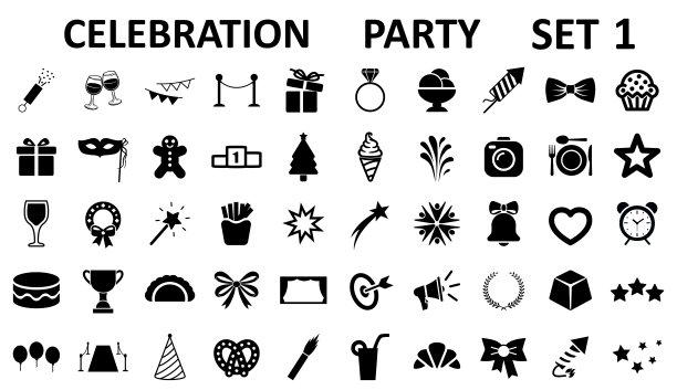 集1的50个庆祝图标，派对，婚礼，周年纪念标志-股票矢量图片下载