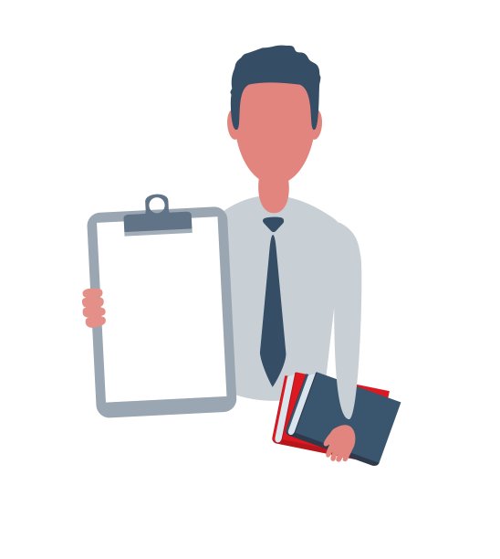 持有白纸和书的商人或职员。男性人物以简单的对象风格，平面矢量插图。在白色背景上隔离图片下载