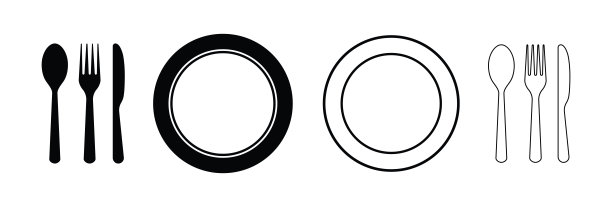 盘子、叉、刀、匙。晚餐的餐具图标。午餐，早餐用的银器。食物和吃的象征。厨房用具，家庭用餐用具。宴会、自助餐厅、美食馆的标志。向量图片下载