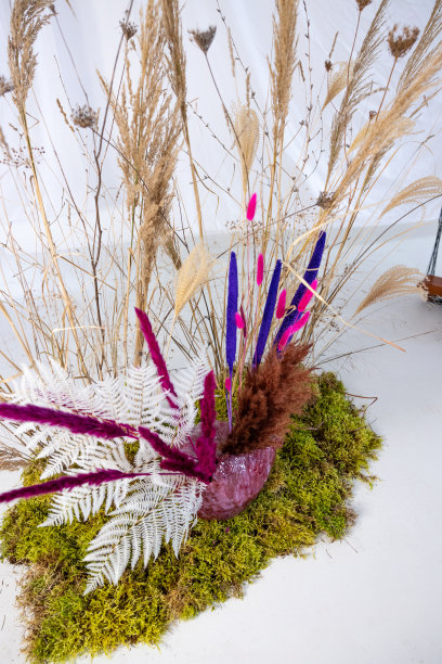 干燥的草地和鲜花，香草在艺术手工花瓶图片下载