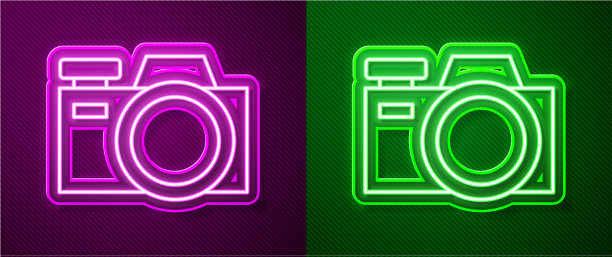 发光的霓虹灯线照片相机图标隔离图片下载