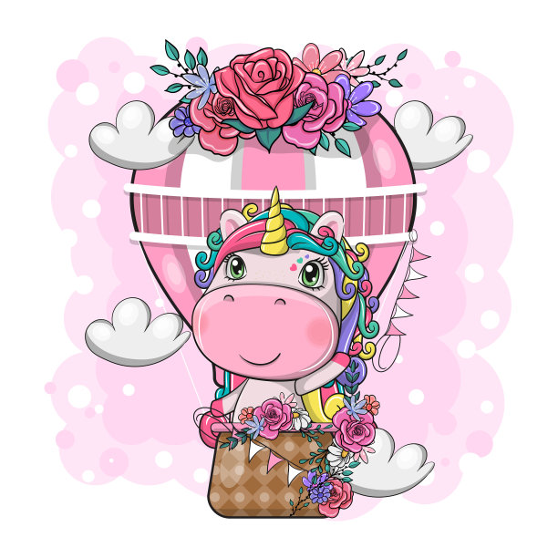 手绘可爱的神奇独角兽和气球图片下载