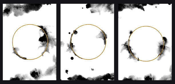 设置抽象海报。海报，卡片，旗帜设计与抽象的黑色油漆点和金色的几何元素。当前油漆，水彩，污渍和条纹图片下载