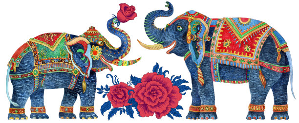 母亲节复古贺卡与水彩画幻想华丽的印度大象。红玫瑰花和动物，妈妈和婴儿孤立在白色的背景图片下载
