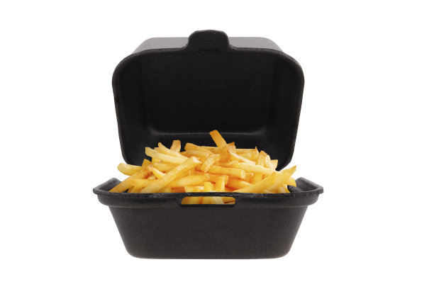 白色背景上的黑色泡沫塑料餐盒图片下载