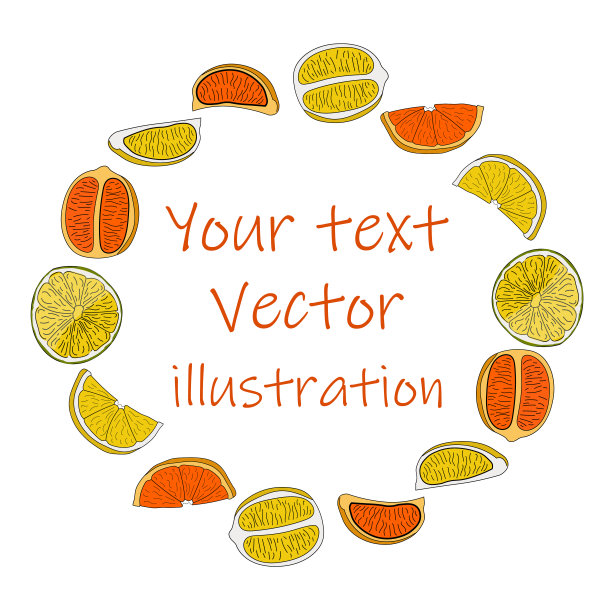 橙色和柠檬水果花环圆形框架在白色背景矢量插图图片下载