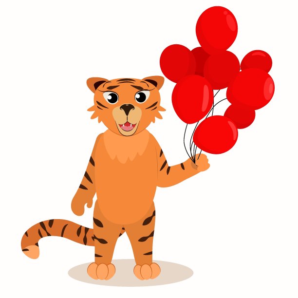 一只手里拿着红气球的老虎。插图为儿童节日，生日的问候。2022年的象征图片下载