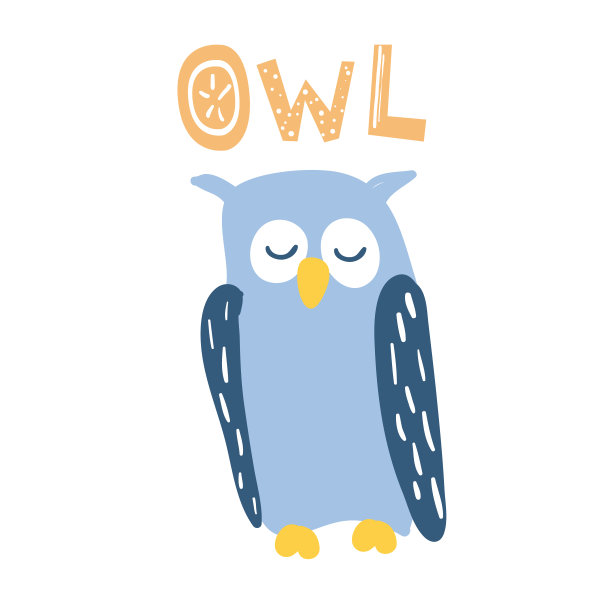 可爱的蓝色猫头鹰卡通风格。猫头鹰刻字。适合儿童设计。白色背景上的孤立元素。向量图片下载