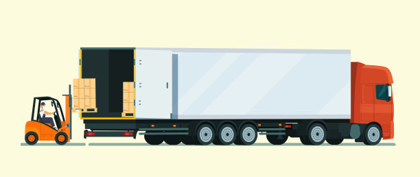 叉车与拖车装载。矢量平面风格的插图。图片下载