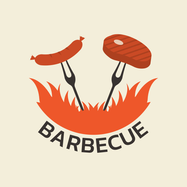 烧烤架的标志或图标。以火为标志的烤肉，叉上有香肠、肉或牛排。矢量插图。图片下载