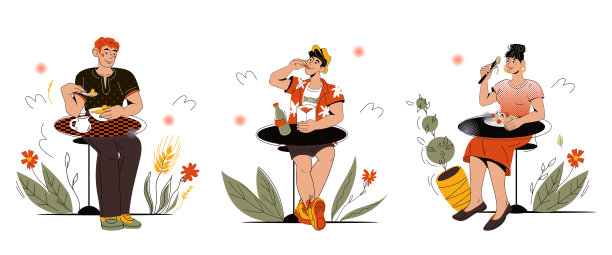 一组男女卡通人物坐在桌旁吃饭，矢量插图孤立。图片下载