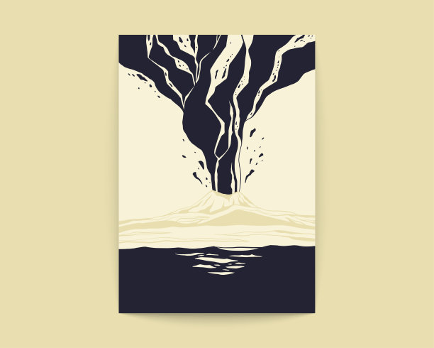 火山枯燥乏味的海报。山巅爆发抽象风景，黑白色彩。自然风格矢量图图片下载