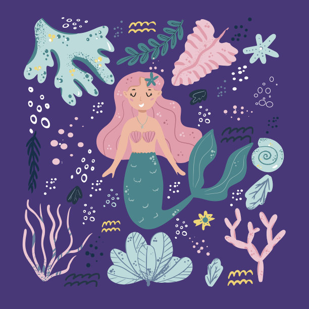可爱的美人鱼和海洋植物有趣的卡通图片下载