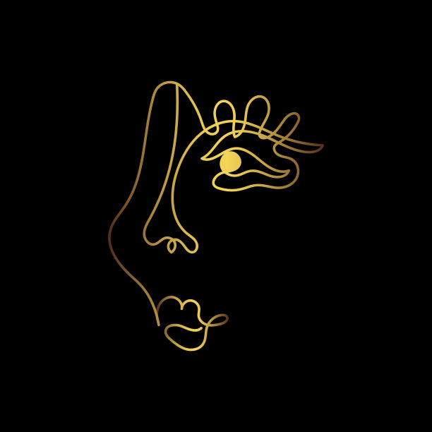 女性风格化的脸在线条艺术风格。女人脸上连续画线条。抽象极简女性肖像。豪华风格与黄金标签，标志，图标。化妆品或美容产品的标志图片下载