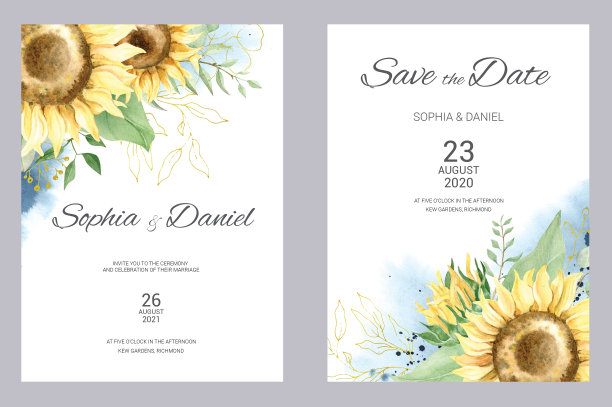 水彩婚礼请帖。植物的海报,邀请。优雅的婚礼邀请与水彩花卉元素，向日葵和桉树图片下载