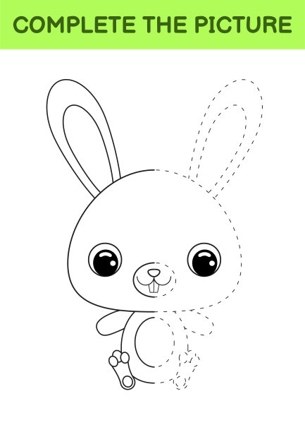 完成画的可爱的兔子。彩色的书。点复制游戏。书法练习，绘画技巧训练。教育开发可打印的工作表。活动页面。矢量插图。图片下载