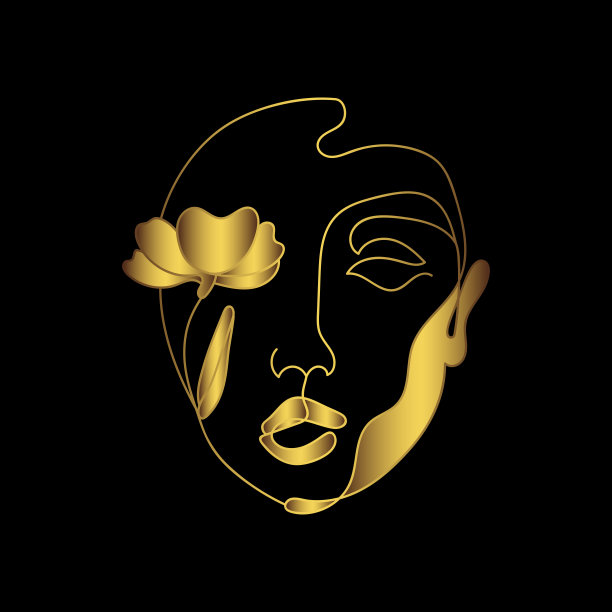 女性风格化的脸在线条艺术风格。女人脸上连续画线。抽象的女性肖像。奢华风格与金色的标签，标志，图标。化妆品或美容产品的标志图片下载