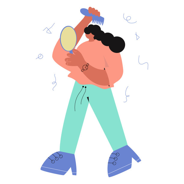 女孩手里拿着一面镜子，女孩一边梳头一边照镜子。用梳子做发型的女人。美容护理。图片下载