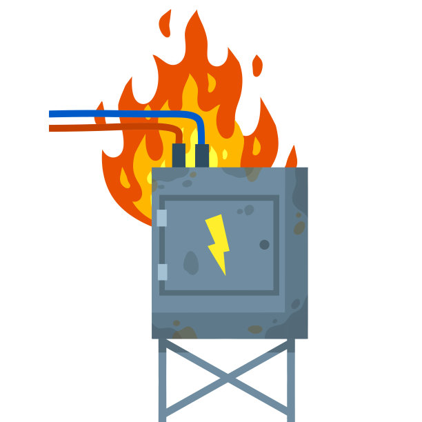 损坏的交换机。卡通平面插图。保险丝和电气工程。危险情况-失火。高电压传感器。盒子里有电线。技术工业设备图片下载