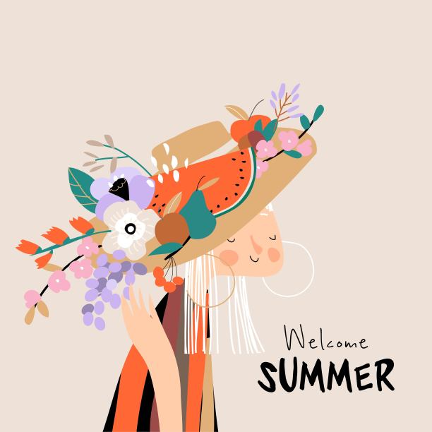 漂亮的女孩戴着带着鲜花和水果的大帽子图片下载