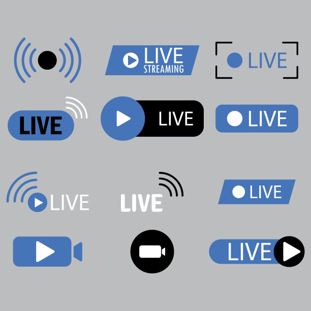流蓝色的图标。平面模板与直播流图标。互联网广播。现场研讨会按钮。股票的形象。每股收益10。图片下载