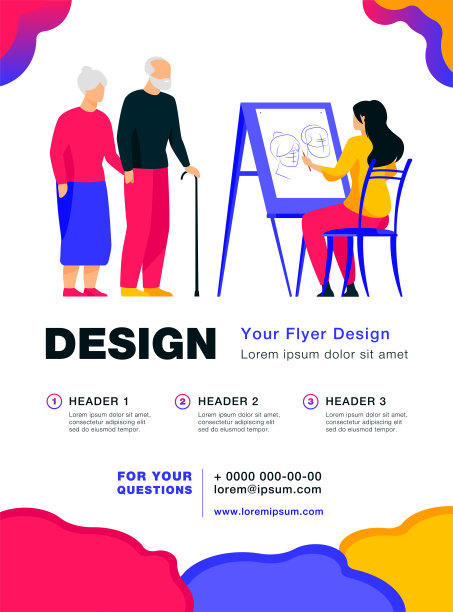 年轻女子在画架上为一对老夫妇画肖像图片下载