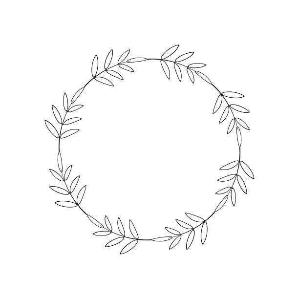 简单的树叶花环，线形风格。圆枝，黑色轮廓，最小的设计。优雅的圆的框架。设计模板标志，标签，邀请，贺卡，标签。对称的边界图片下载