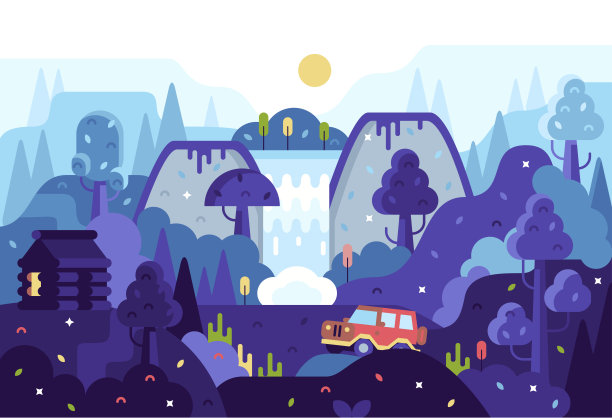 向量卡通全景插图平面卡通梯，一家人旅行红色汽车到森林中的木屋图片下载