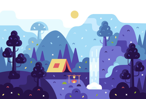 矢量卡通全景插图，背景为夏令营，自然旅游，露营或徒步旅行的设计概念素材图片