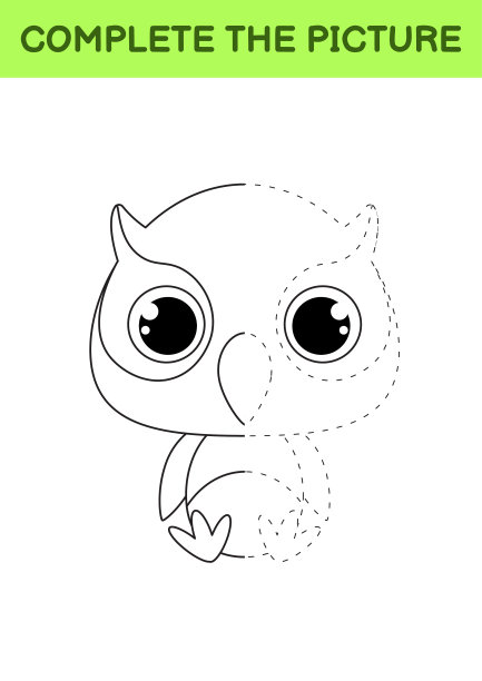 完整画的可爱的猫头鹰。彩色的书。点复制游戏。书法练习，绘画技巧训练。教育开发可打印的工作表。活动页面。矢量插图。图片下载