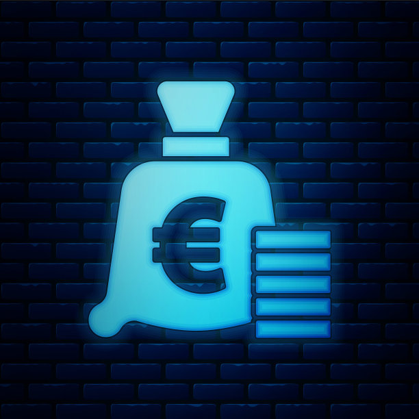 发光的霓虹灯硬币与欧元符号图标孤立在砖墙的背景。银行货币符号。现金的象征。向量图片下载