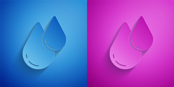 剪纸水滴图标孤立在蓝色和紫色的背景。纸艺术风格。向量图片下载