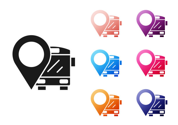 黑色位置，总线图标隔离在白色背景上。运输的概念。巴士旅游交通标志。旅游或公共交通工具的标志。设置彩色图标。向量图片下载