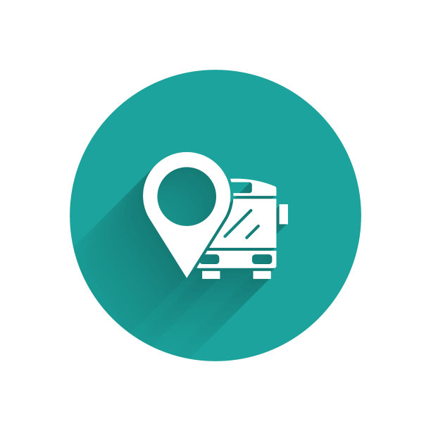 白色位置与巴士图标隔离与长阴影。运输的概念。巴士旅游交通标志。旅游或公共交通工具标志。绿色圆圈按钮。向量图片下载