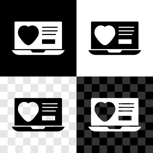 设置约会应用程序在线笔记本概念图标隔离在黑白，透明的背景。女性男性轮廓平面设计。情侣匹配的关系。向量图片下载