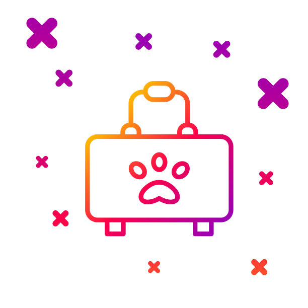 彩色线宠物急救箱图标隔离在白色背景。狗或猫的爪印。诊所的盒子。梯度随机动态形状。向量图片下载