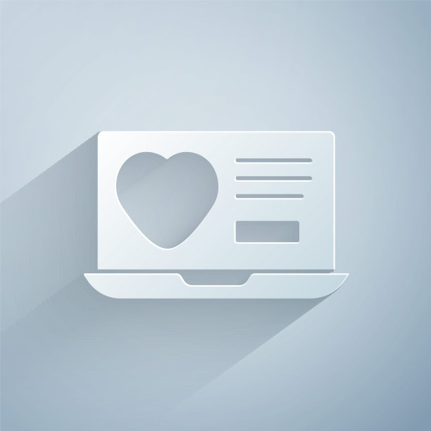 剪纸约会应用在线笔记本概念图标孤立在灰色背景。女性男性轮廓平面设计。情侣匹配的关系。纸艺术风格。向量图片下载