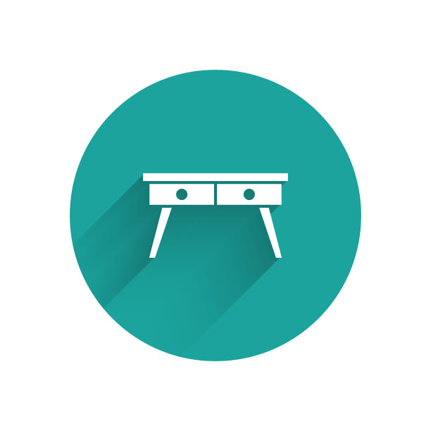 白色办公桌图标孤立与长影子。绿色圆圈按钮。向量图片下载