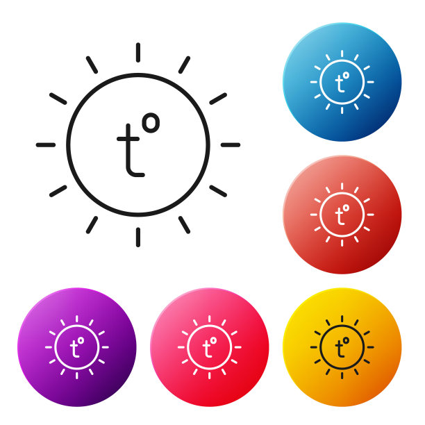 黑线太阳图标孤立在白色背景。夏天的象征。好晴天。设置彩色圆形按钮图标。向量图片下载