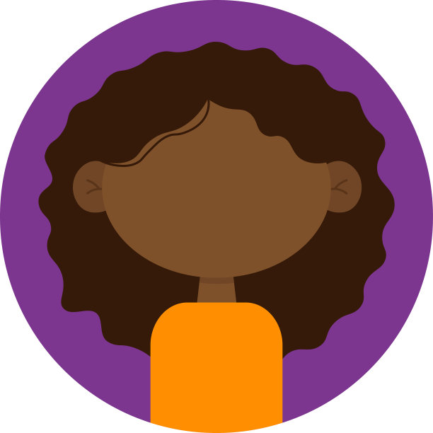 一位年轻女子，深色卷发，深色皮肤，穿着橙色毛衣。一个没有脸的女孩的插图。在卡通平面风格中，背景上有一个紫色的圆圈。图片下载