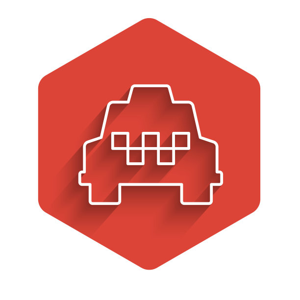 白线出租车图标孤立与长影子。红色的六角按钮。向量图片下载