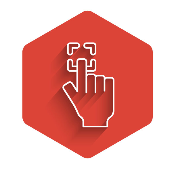 白线指纹图标孤立与长阴影。ID的应用图标。识别标志。触摸id。红色的六角按钮。向量图片下载