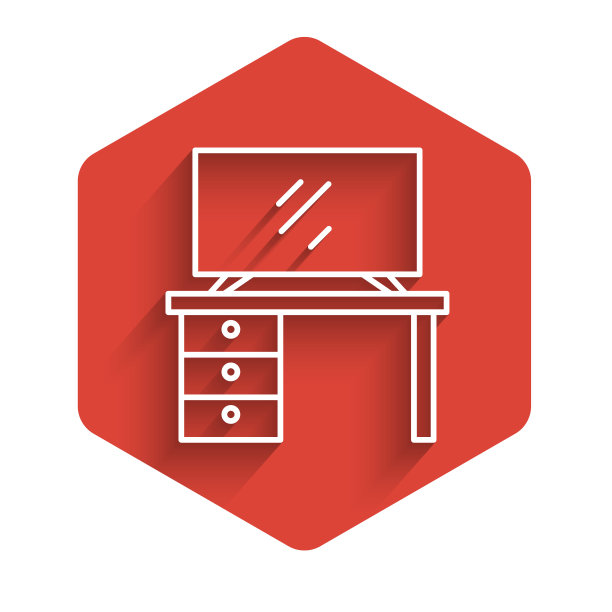 白色线电视台架图标孤立与长影子。红色的六角按钮。向量图片下载