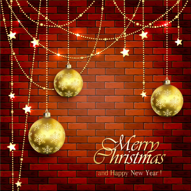 砖墙上的圣诞球图片下载