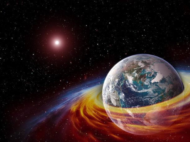 地球在一个粒子和气体的环中与太阳和恒星的空间，未来的画面。这张照片的元素是由美国宇航局提供的。图片下载