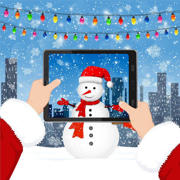 圣诞老人给雪人拍照图片下载