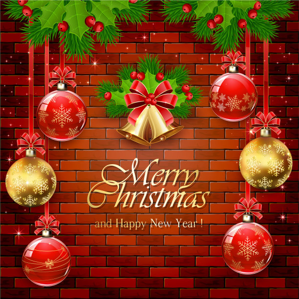 砖墙上挂着红色和金色的圣诞球图片下载